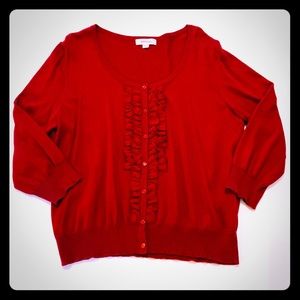 Red cardigan with ruffle front, 3/4 length sleeve